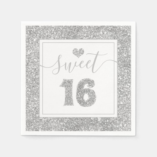Serviette En Papier Sweet 16 Argent Faux Parties scintillant fête d'an (Devant)