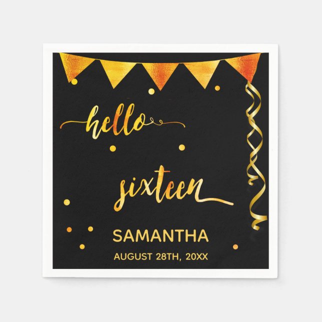 Serviette En Papier Sweet 16 Black Gold nom fête (Devant)