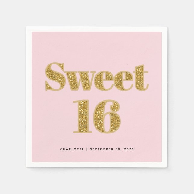 Serviette En Papier Sweet 16 Blush Pink Gold Parties scintillant Party (Devant)