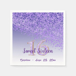 Serviette En Papier Sweet 16 Chute Parties scintillant pourpre et mono