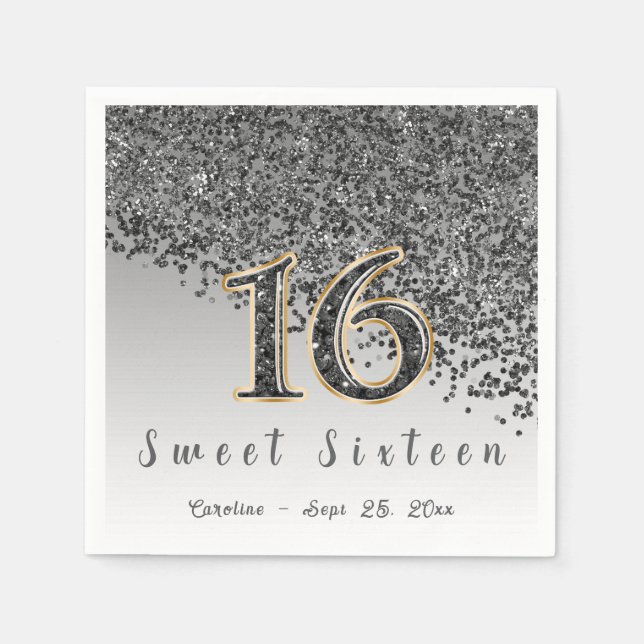 Serviette En Papier Sweet 16 Falling Black Parties scintillant & Monog (Devant)