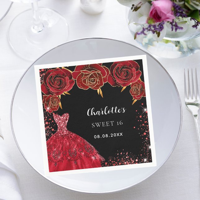 Serviette En Papier Sweet 16 fleurs de robe rouge noire (Créateur téléchargé)