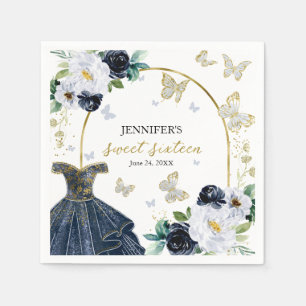 Serviette En Papier Sweet 16 Floral Navy bleu robe papillon