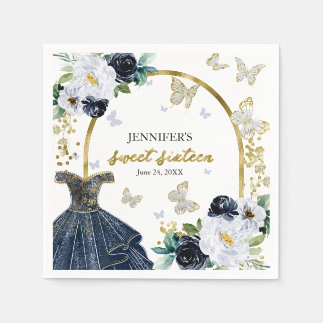 Serviette En Papier Sweet 16 Floral Navy bleu robe papillon (Devant)