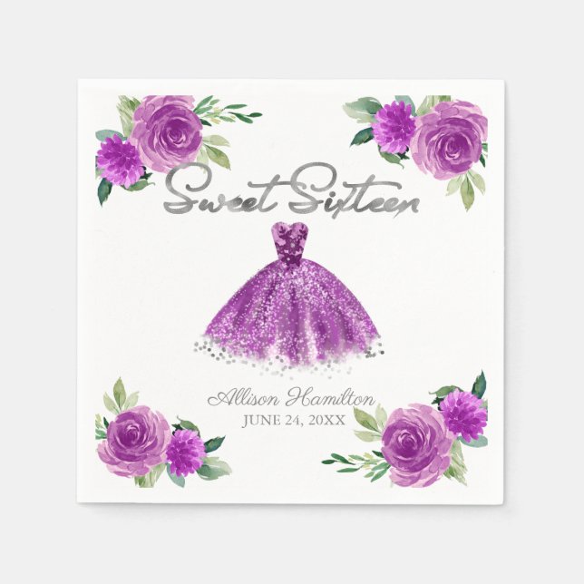 Serviette En Papier Sweet 16 Napkins Argent Purple Gown Floral (Devant)