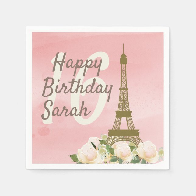 Serviette En Papier Sweet 16 Or rose Tour Eiffel Anniversaire (Devant)
