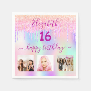 Serviette En Papier Sweet 16 parties scintillant rose nom holographiqu
