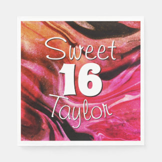 Serviette En Papier Sweet 16 Red & Orange Marble Personalized