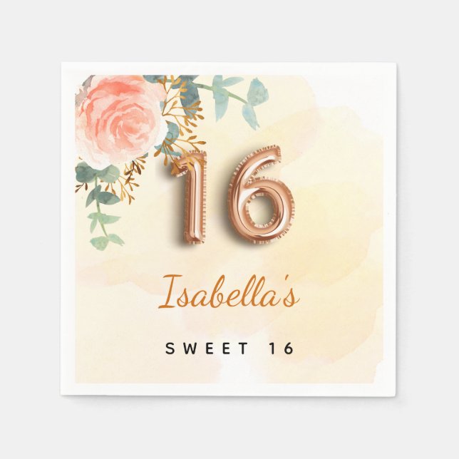 Serviette En Papier Sweet 16 rose fleuri or eucalyptus monogramme (Devant)