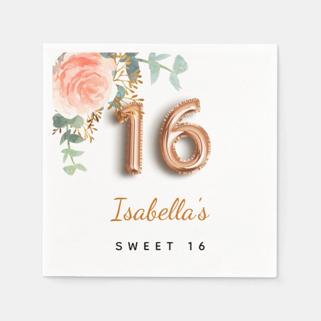 Serviette En Papier Sweet 16 rose fleuri or eucalyptus monogramme (Devant)