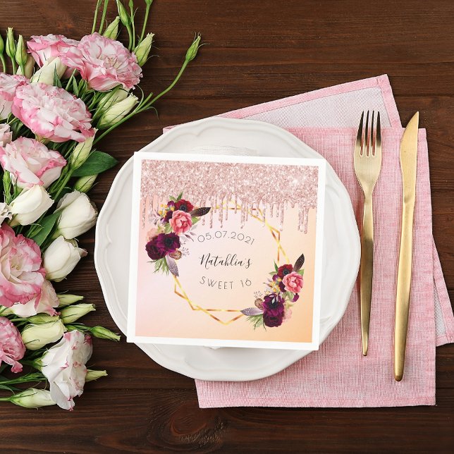 Serviette En Papier Sweet 16 rose or rose parties scintillant géométri (Créateur téléchargé)