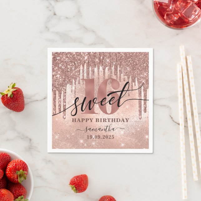 Serviette En Papier Sweet 16 Rose Parties scintillant or et huile (En situation)