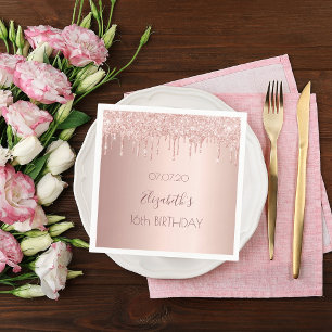 Serviette En Papier Sweet 16 rose rousse parties scintillant or goutte