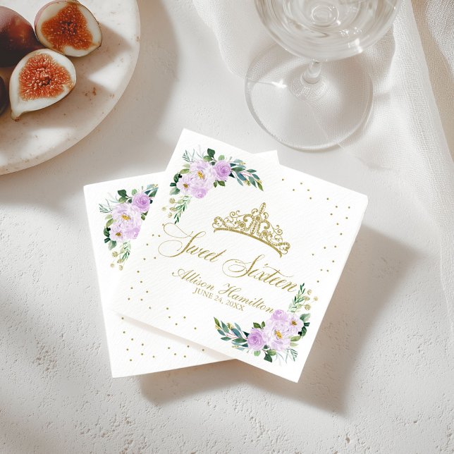 Serviette En Papier Sweet 16 serviettes Or Tiara Lavender Floral (Créateur téléchargé)