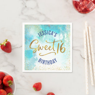 Serviette En Papier Sweet 16 Turquoise Aquarelle Or fille Anniversaire