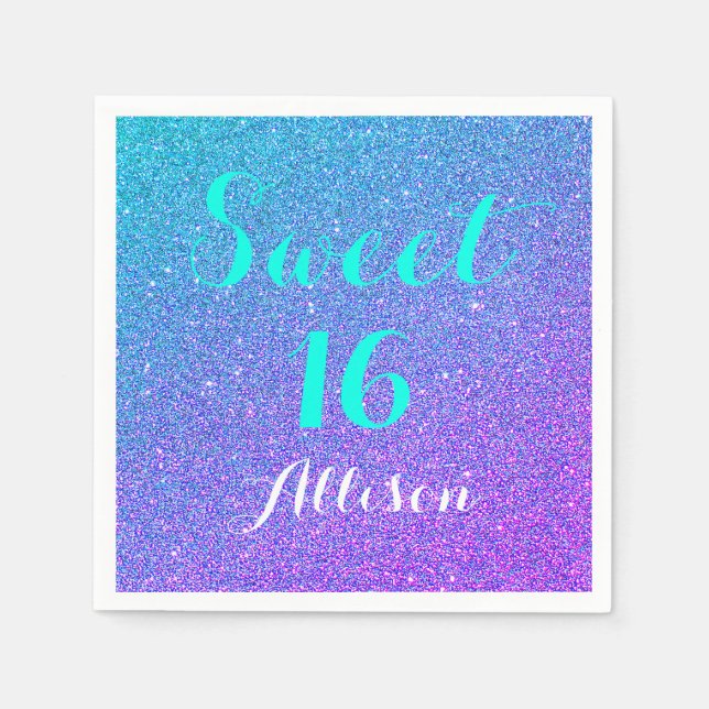 Serviette En Papier Sweet 16 Turquoise Purple Ombre Parties scintillan (Devant)