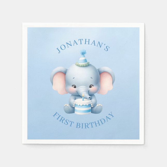 Serviette En Papier Sweet Elephant Bleu Anniversaire (Devant)