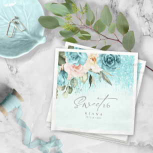 Serviette En Papier Sweet sixteen Floral Sparkles ID Turquoise912