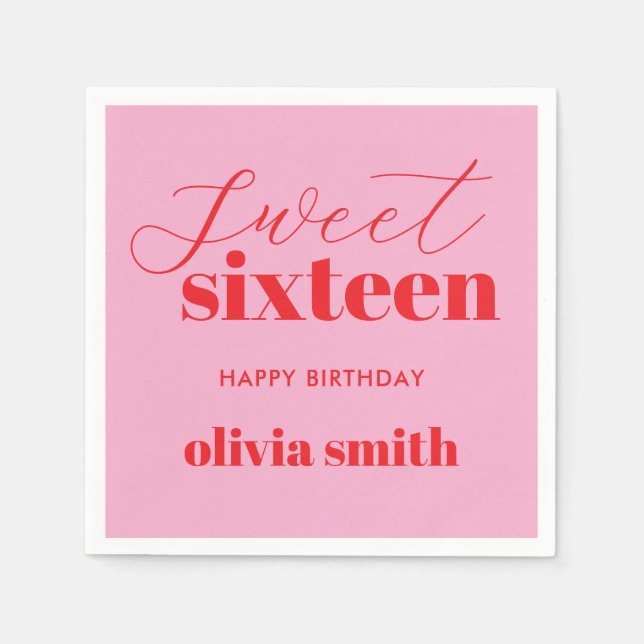 Serviette En Papier Sweet sixteen moderne rouge rose 16e anniversaire (Devant)