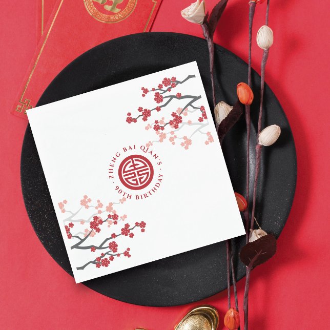 Serviette En Papier Symbole de longévité des fleurs de cerises Anniver (Cherry Blossoms Longevity Symbol Chinese Senior Birthday Paper Napkin @ zazzle.com/fatfatin_red_knot)