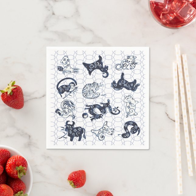 Serviette En Papier Symboles Zodiac du Nouvel An bleu chinois (En situation)