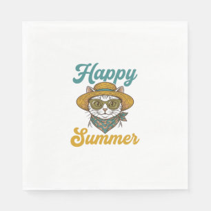 Serviette En Papier T-shirt design vintage gravure chat été heureux_1