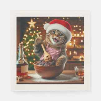 Serviette En Papier Tabby cat baking boozy christmas pudding 
