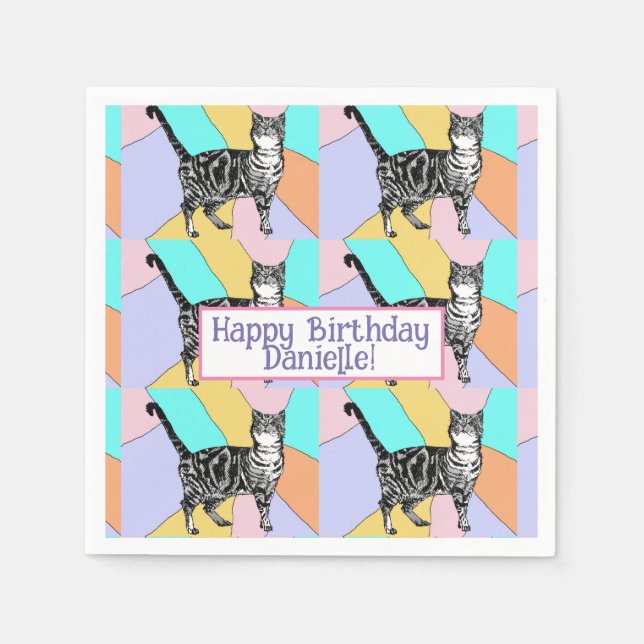 Serviette En Papier Tabby Cat Pastel Anniversaire Chats Ballotin (Devant)