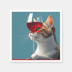 Serviette En Papier Tabby Chat avec verre de vin rouge