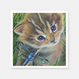 Serviette En Papier Tabby Kitten Brown & Dragonfly Watercolor Art
