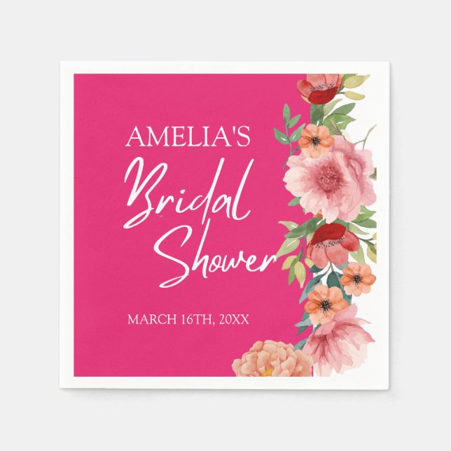Serviette En Papier Table de baby shower mariage rose vif aquarelle fl (Devant)