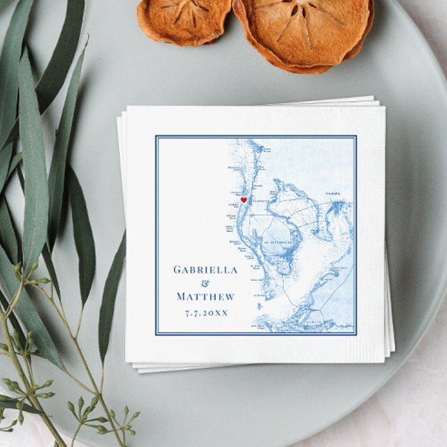 Serviette En Papier Tampa Bay Map Mariage élégant (Beautiful custom Tampa Bay Wedding cocktail napkins for your reception, shower or engagement party.)