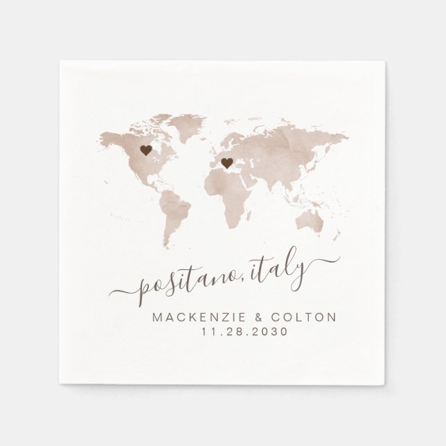 Serviette En Papier Tan Sepia Brown World MapMoveable Hearts Mariage (Devant)