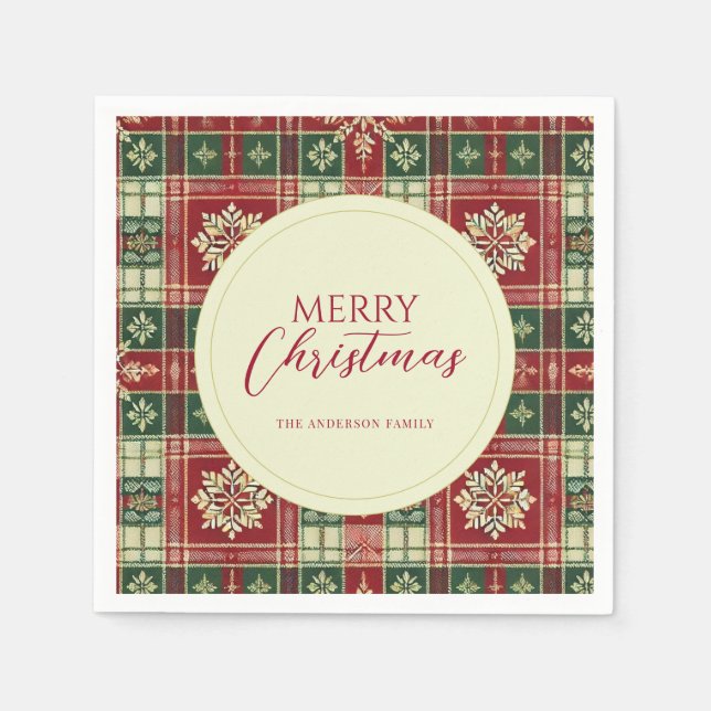 Serviette En Papier Tartan de Noël Plaid Flocon de neige rustique (Devant)