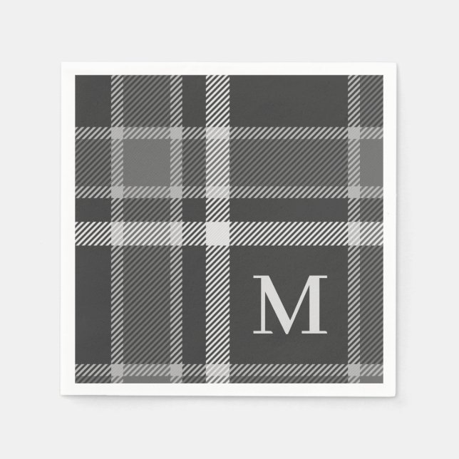 Serviette En Papier Tartan gris de charbon foncé plaqué avec Monogramm (Devant)
