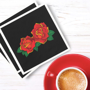 Serviette En Papier Tatouage de roses traditionnelles rouges gras noir