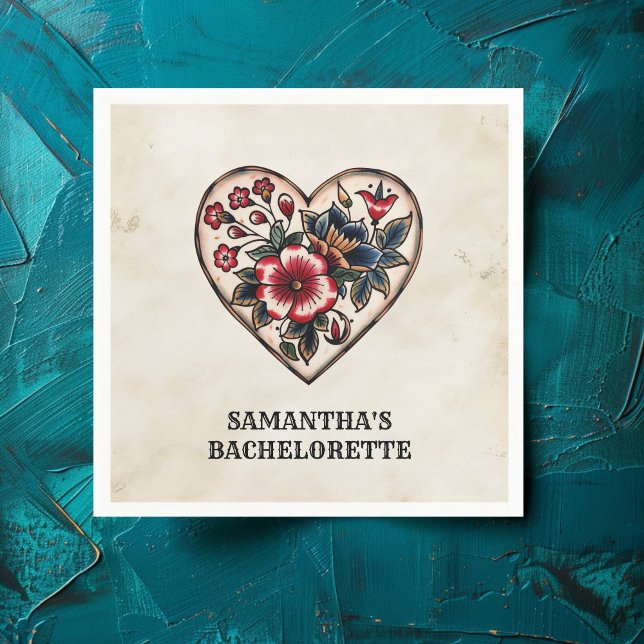 Serviette En Papier Tatouage rétro Fleurs cardiaques Nom Bachelorette (Créateur téléchargé)