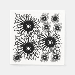 Serviette En Papier Tatouage Tournesol floral noir blanc tatouage