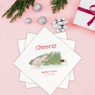 Serviette En Papier Tchin-Tchin Drôle Chat Blanc contre Sapin de Noël 