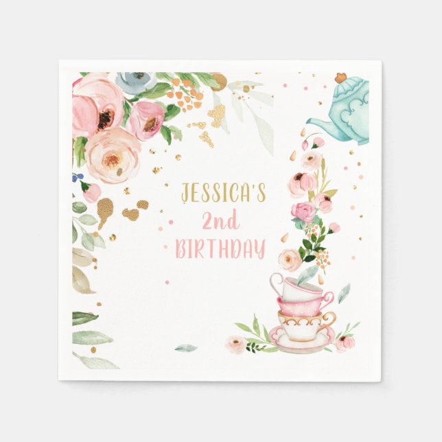 Serviette En Papier Tea Anniversaire Fête Floral Tea Rose Gold Girl (Devant)