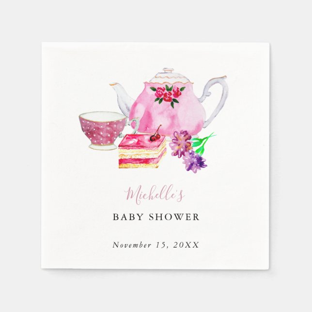 Serviette En Papier Tea Party baby shower Dusty Rose Teapot (Devant)