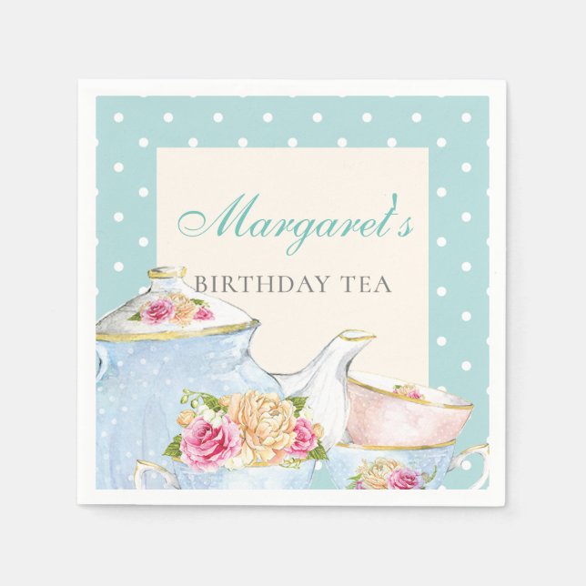 Serviette En Papier Tea Party d'anniversaire Polka point personnalisé (Devant)