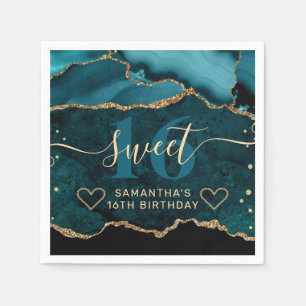 Serviette En Papier Teal et or paillettes Agate Marble Sweet 16