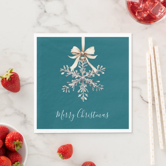 Serviette En Papier Teal Green Cream Bow Silver Snowflake (En situation)