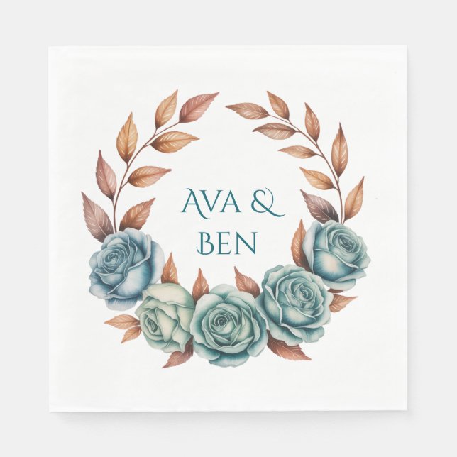 Serviette En Papier Teal Roses and Copper Leaves Wedding (Devant)