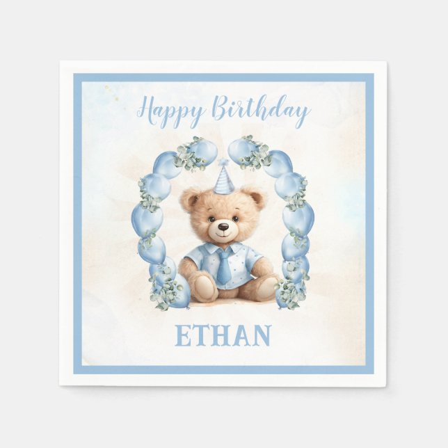Serviette En Papier Teddy Bear Anniversaire Petit Garçon Papier Bleu N (Devant)
