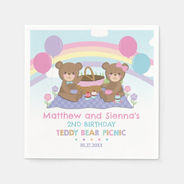 Serviette En Papier Teddy Bear Pique-nique Rainbow Twins Garçon Fille  (Devant)