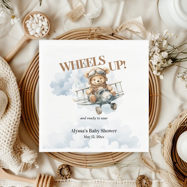 Serviette En Papier Teddy Bear Roue vers le haut Petit Co Pilote (Wheels Up/Teddy Bear Little Co-Pilot baby shower paper napkins)