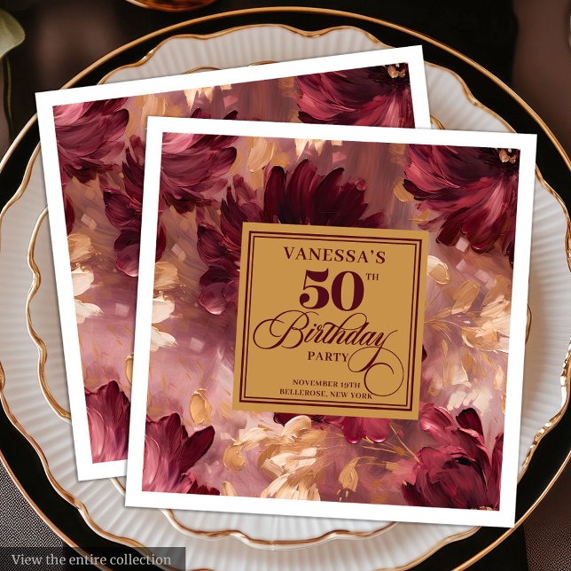 Serviette En Papier Tendance Boho Rouge Foncé Blush Doré 50e Anniversa (Trendy Boho Dark Red Blush Gold 50th Birthday Paper Dinner Napkins)