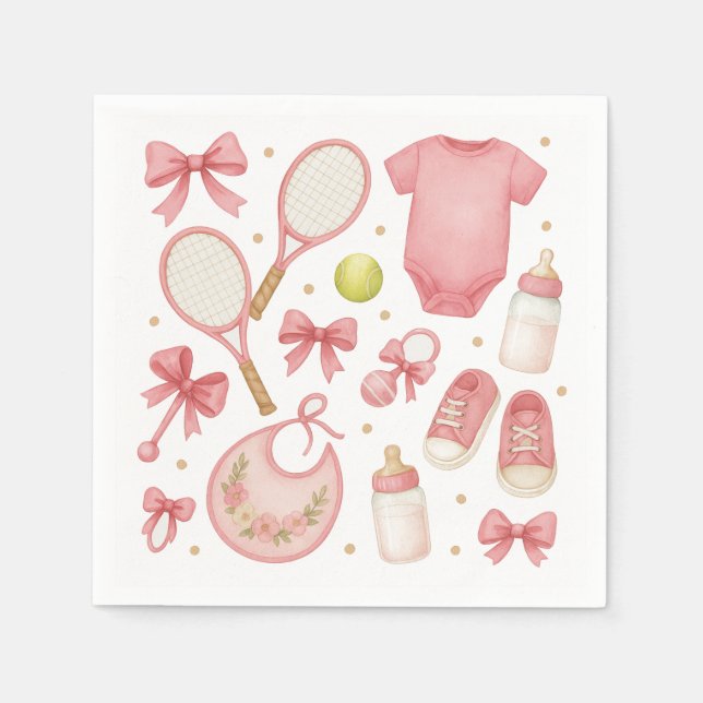Serviette En Papier Tennis Baby Girl en Pink thème avec raquette (Devant)